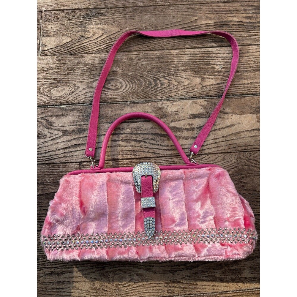Raviani Handbag Satchel Pink Faux Fur With Stud & Crystal Trim Belt Snap Close